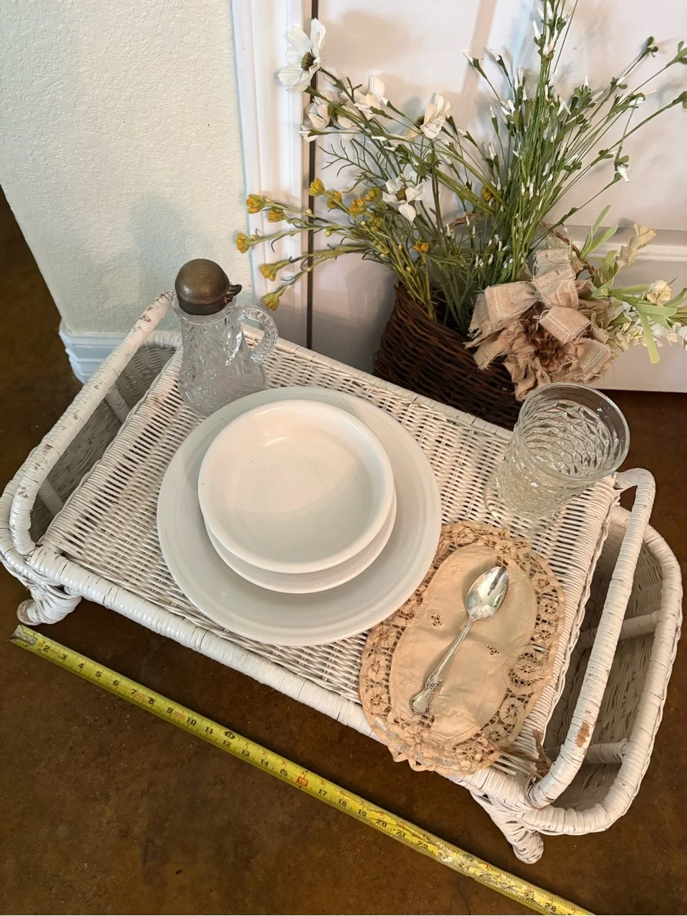 White Wicker Serving Tray Table - Home Dining